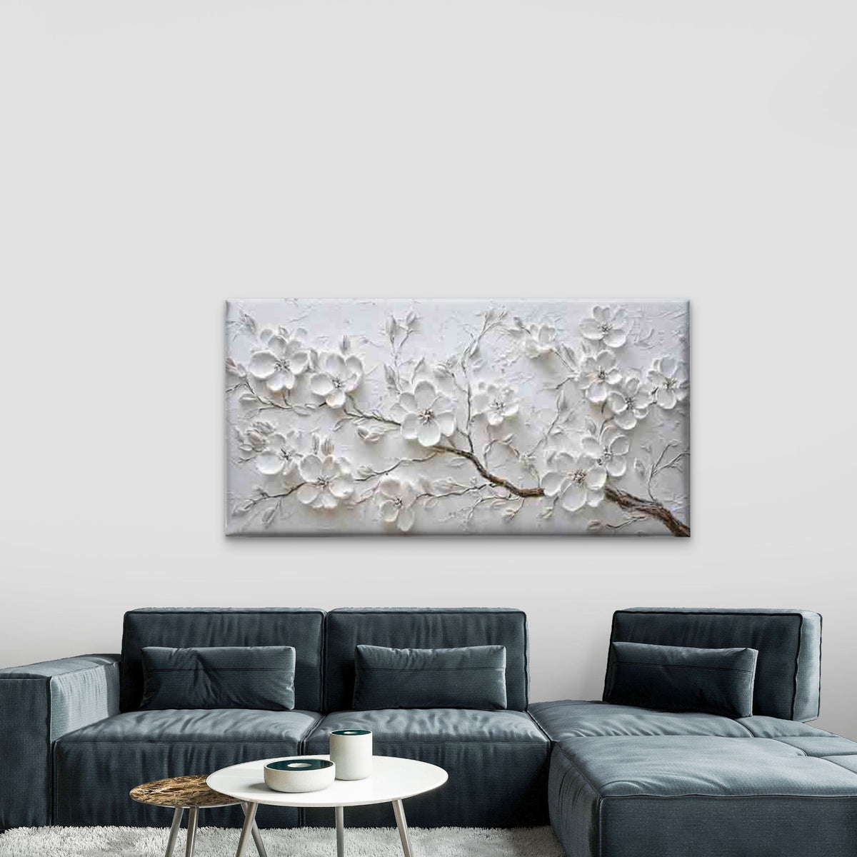 White Flowers on a Branch Wall Art Canvas Office Home Room Framed 120x60cm