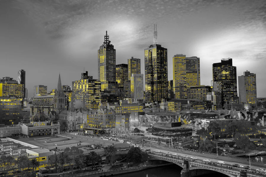 Melbourne Night With yellow lights B&W 90x60cm Print 100% Australian Made - Bella Home Decor