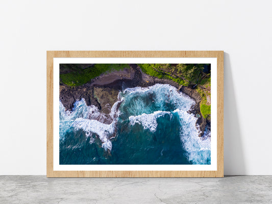 Drone View Of Beach & Sea Waves Glass Framed Wall Art, Ready to Hang Quality Print With White Border Oak