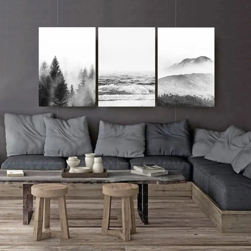 3pcs Foggy Forest Ocean Mountain Scene Wall Art Set Canvas Framed 60x90cm - High Quality Print 100% Australian Made Wall Canvas Ready to Hang