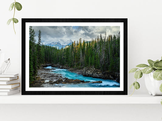 Autumn Forest River & Cloudy Sky Glass Framed Wall Art, Ready to Hang Quality Print With White Border Black