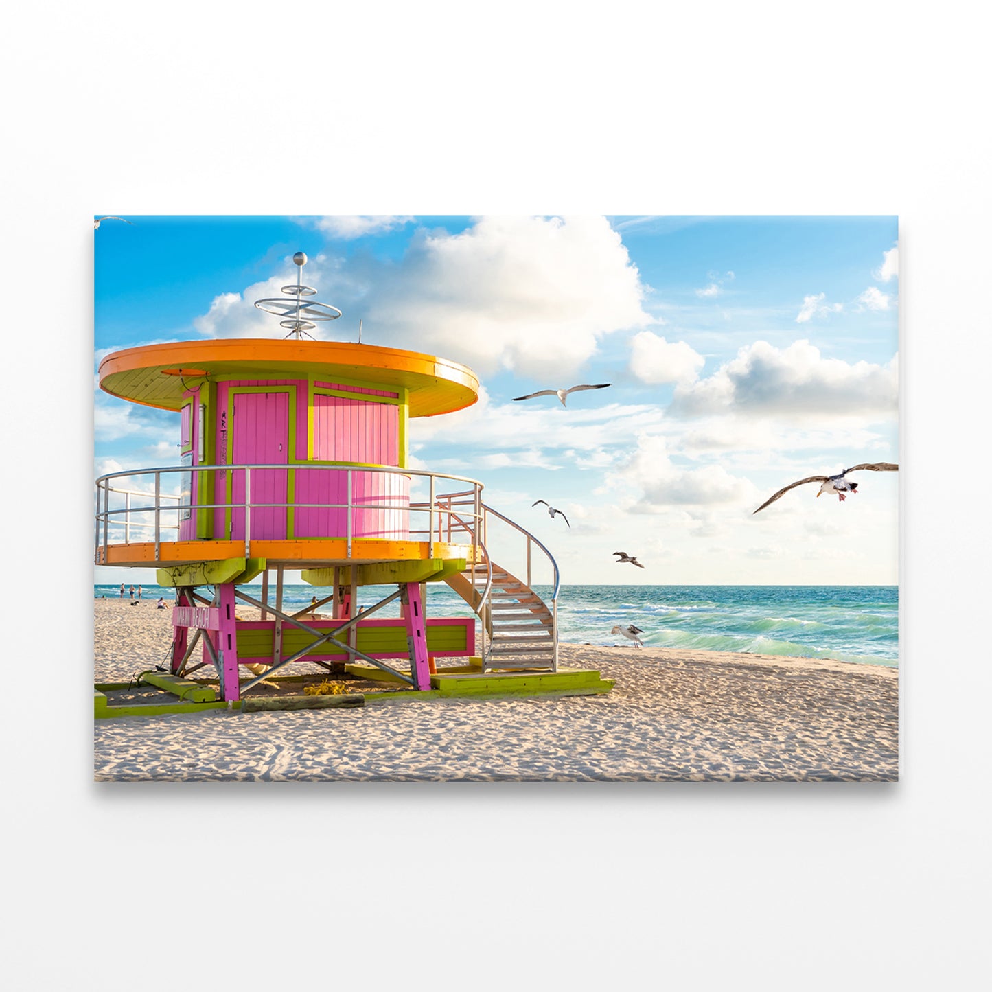 cabin at sunrise on the Miami Beach, Florida, USA with seagulls Wall Art Decor 100% Australian Made