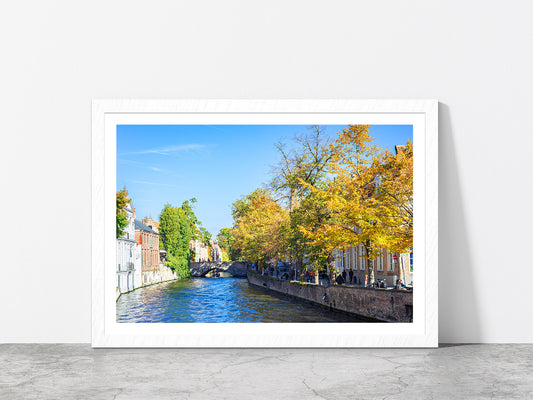 Water Of Canal In Town Of Bruges Glass Framed Wall Art, Ready to Hang Quality Print With White Border White