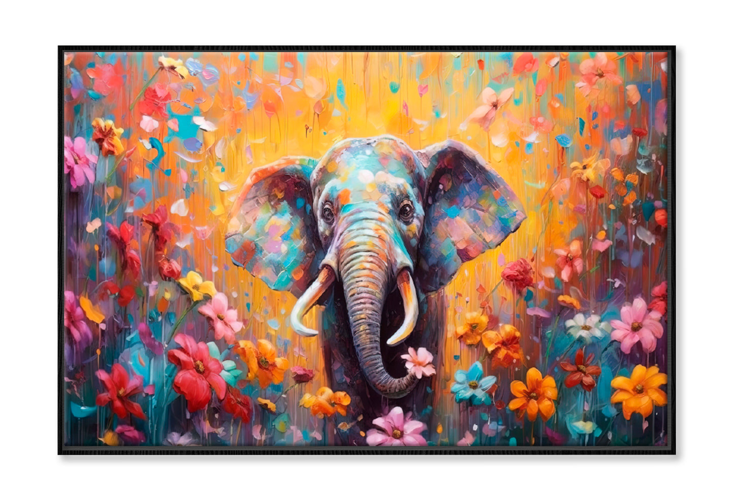 Elephant In Flower Blossom Paint Limited Edition High Quality Print Canvas Box Framed Black