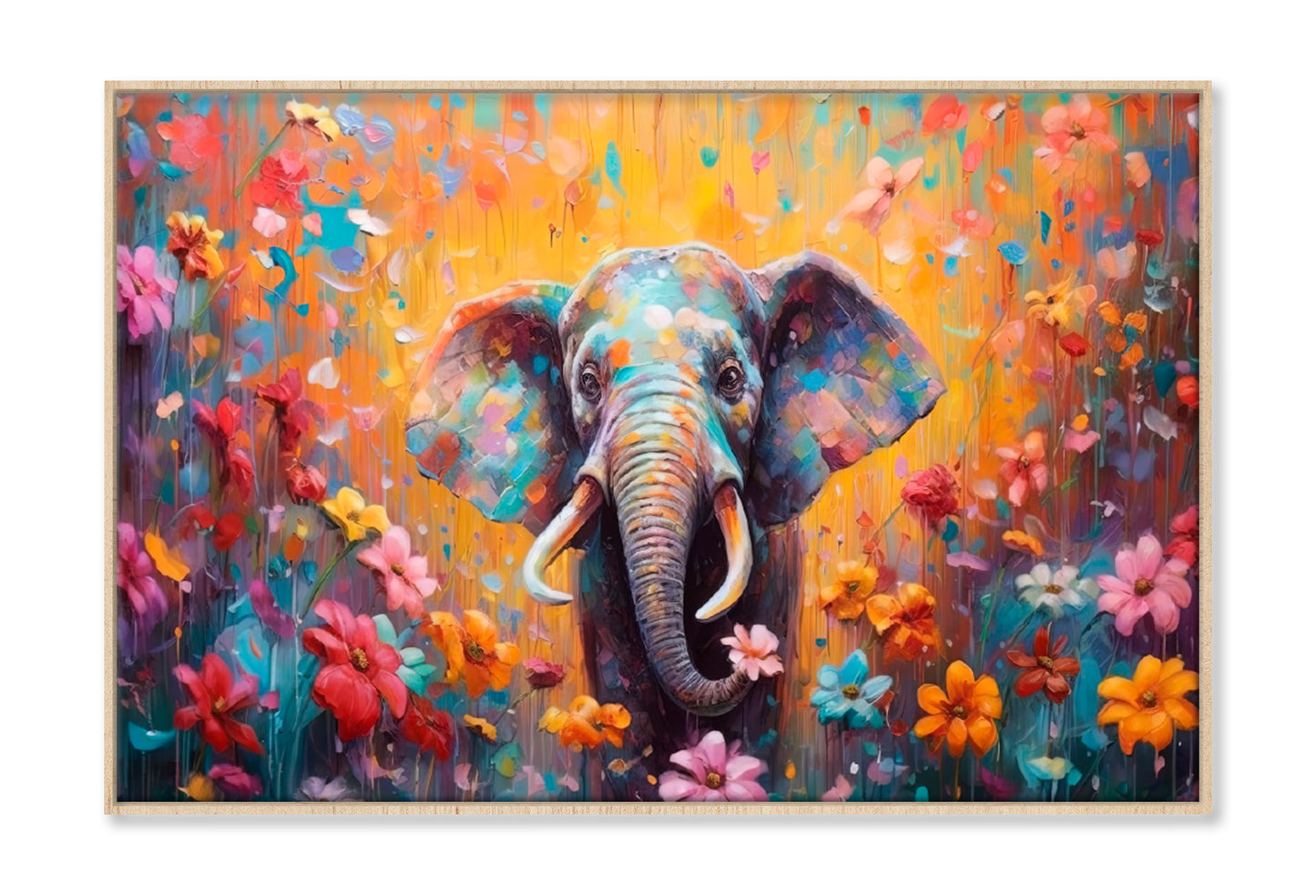 Elephant In Flower Blossom Paint Limited Edition High Quality Print Canvas Box Framed Natural