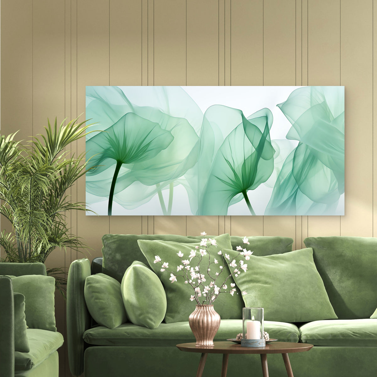 Ethereal Green Leaf Wall Art Wall Art Canvas Office Home Room Framed 120x60cm