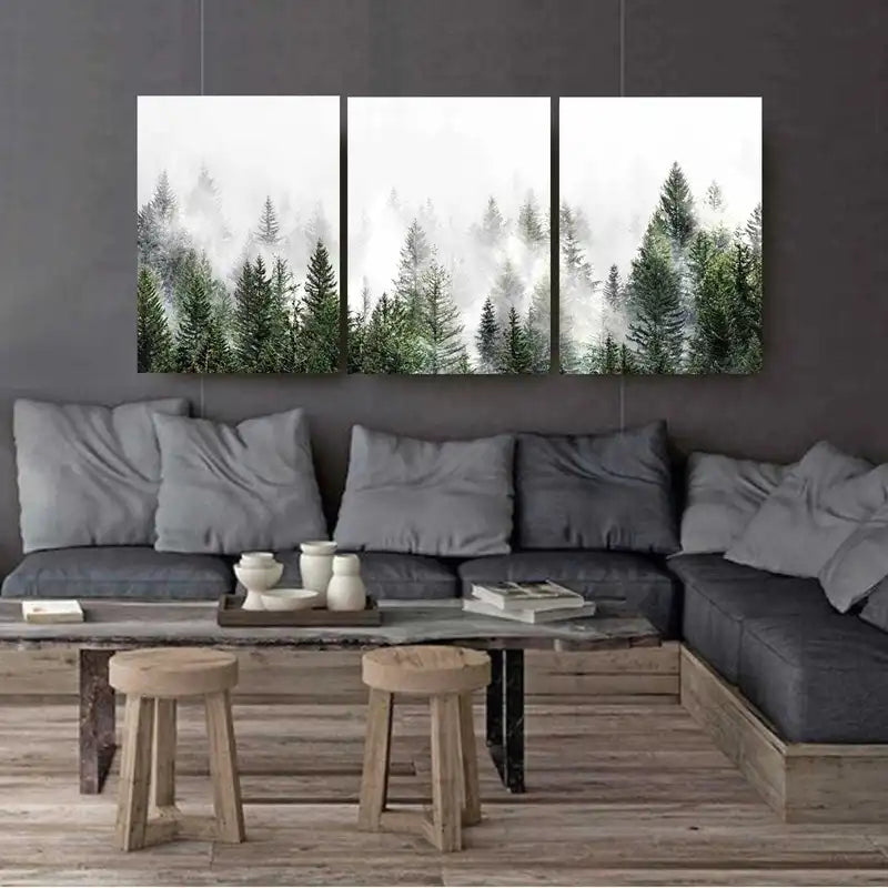 3pcs Nordic Misty Forest Landscape Wall Art Set Canvas Framed 60x90cm - High Quality Print 100% Australian Made Wall Canvas Ready to Hang
