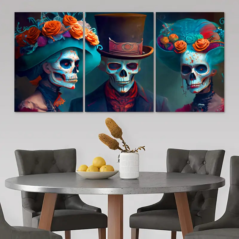 3pcs Vibrant Floral & Skull Designs Metal Print Ready to Hang Art