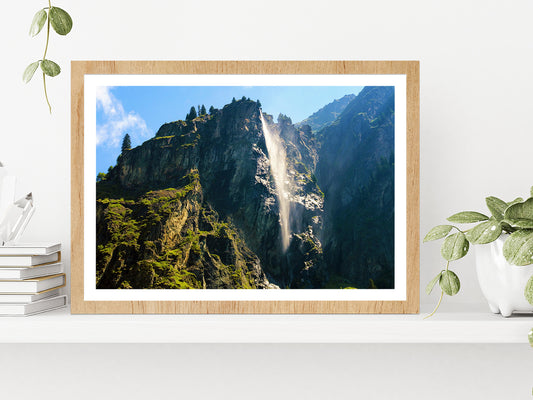 Waterfall In Mauvoisin Valley Glass Framed Wall Art, Ready to Hang Quality Print With White Border Oak