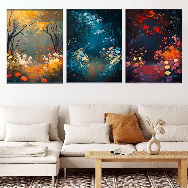 3pcs Golden to Navy Blue Triptych Forest Scene Wall Art Set Canvas Unframed - High Quality Print 100% Australian Made Wall Canvas