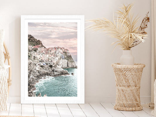 Cinque Terre Faded City & Sea Photograph Glass Framed Wall Art, Ready to Hang Quality Print With White Border White