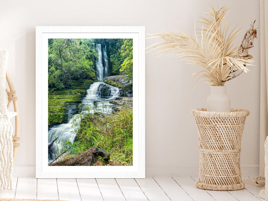 Mcleans Falls In The Forest Glass Framed Wall Art, Ready to Hang Quality Print With White Border White