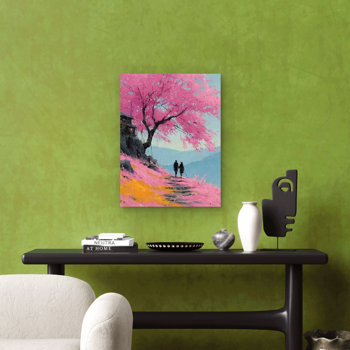 Couple Walking Through Pink Floral Meadow Metal Print Ready to Hang