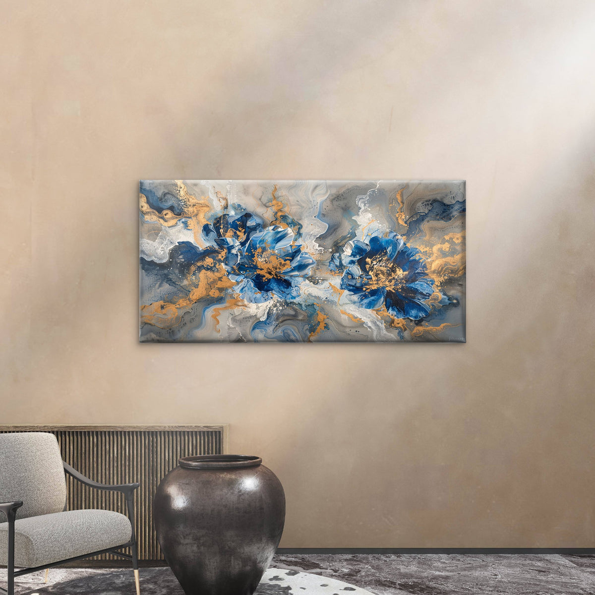 Abstract Navy Blue Floral Wall Art Canvas Office Home Room Framed 120x60cm