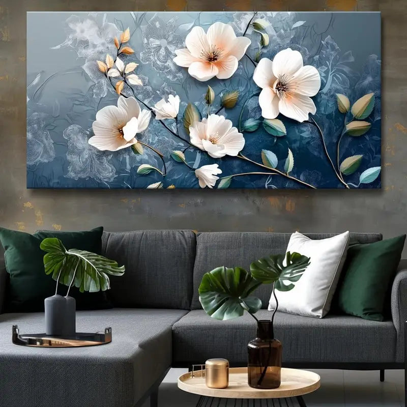 White Flower Blue Modern Floral Wall Art canvas office home room framed 120x60cm