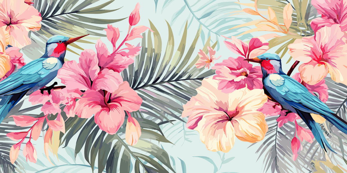 Paradise Blue Bird Hibiscus Wall Art Canvas Office Home Room Framed 120x60cm