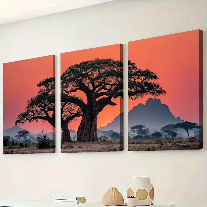3pcs African Baobab Sunset Savannah Scene Wall Art Set Canvas Framed 60x90cm - High Quality Print 100% Australian Made Wall Canvas Ready to Hang