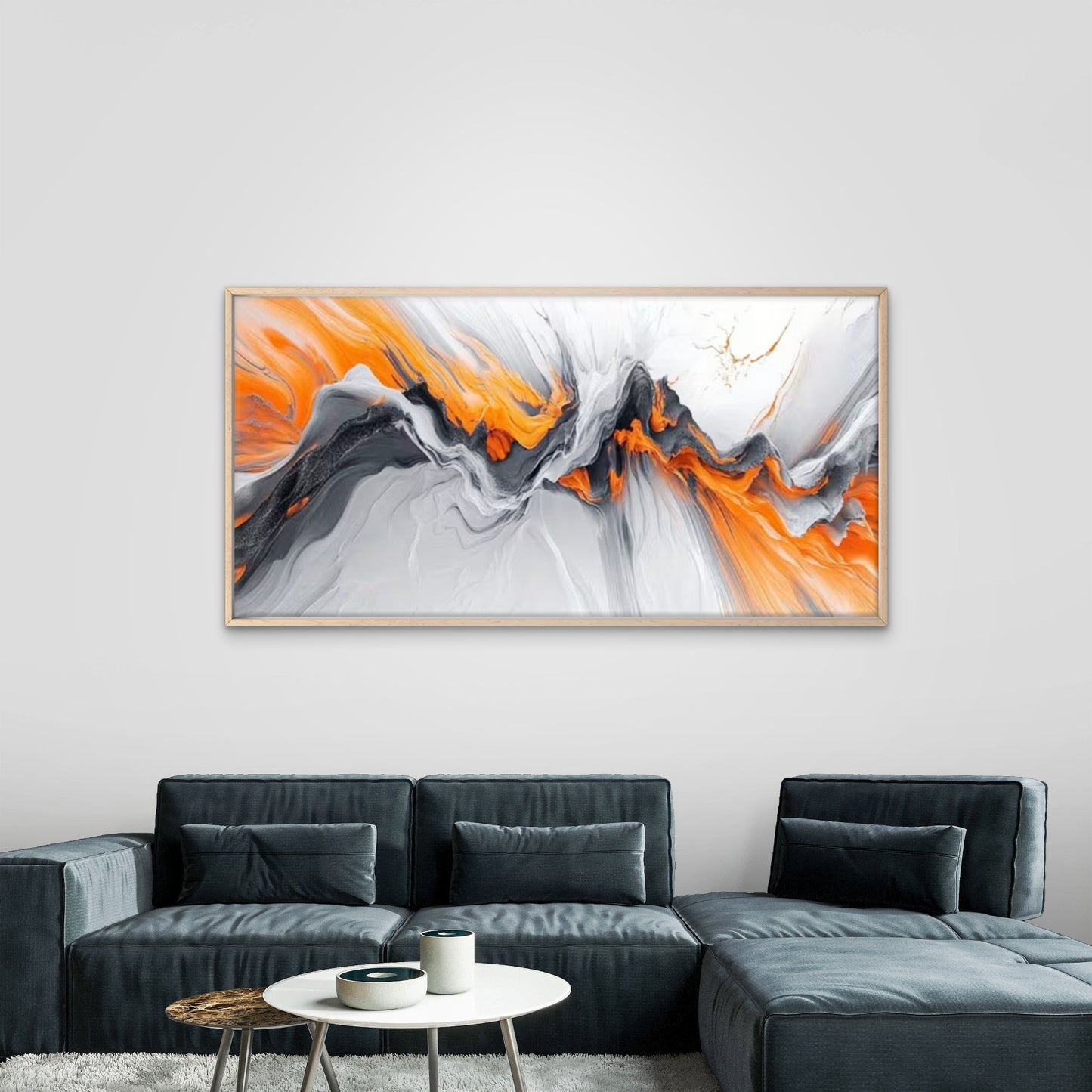 Lava Flow Orange Grey Wall Art Canvas Office Home Room Framed 120x60cm