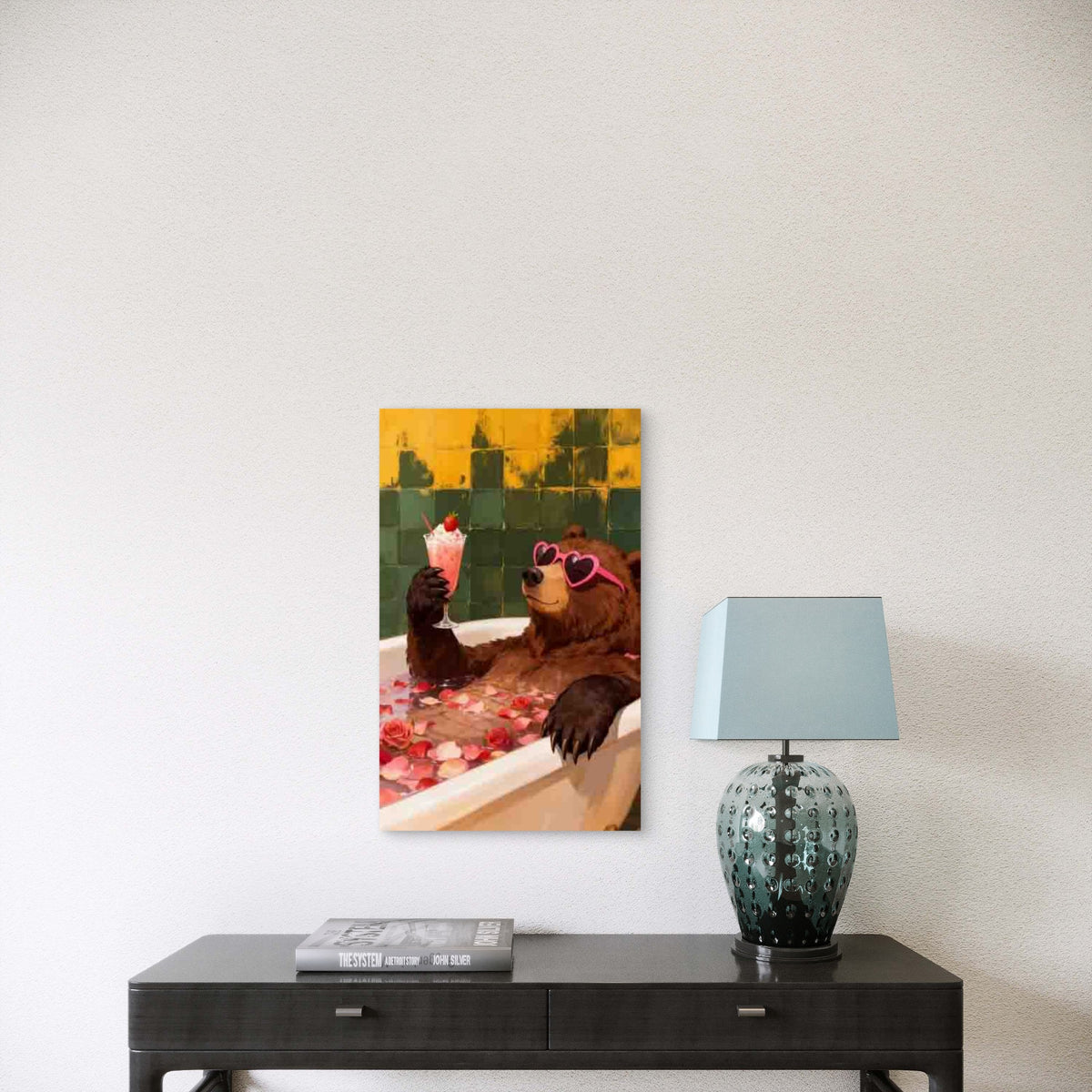 Brown Bear Drinking Cocktail in Bathtub Metal Print Ready to Hang