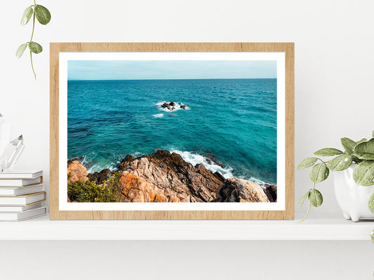 Tropical Beach At Island & Rocks Glass Framed Wall Art, Ready to Hang Quality Print With White Border Oak