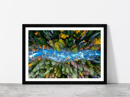 Drone Aerial View Of Forest River Glass Framed Wall Art, Ready to Hang Quality Print With White Border Black