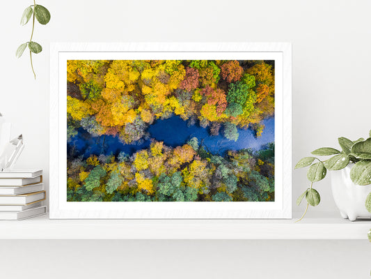 Autumn Forest & River Top View Glass Framed Wall Art, Ready to Hang Quality Print With White Border White