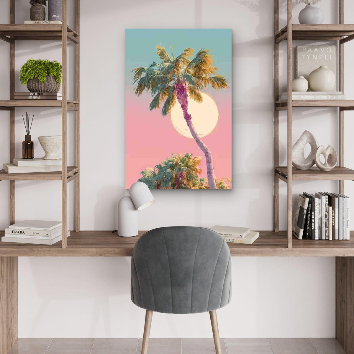 Palm Tree, Sun Glow, Tropical Atmosphere 40x60cm Metal Print Ready to Hang