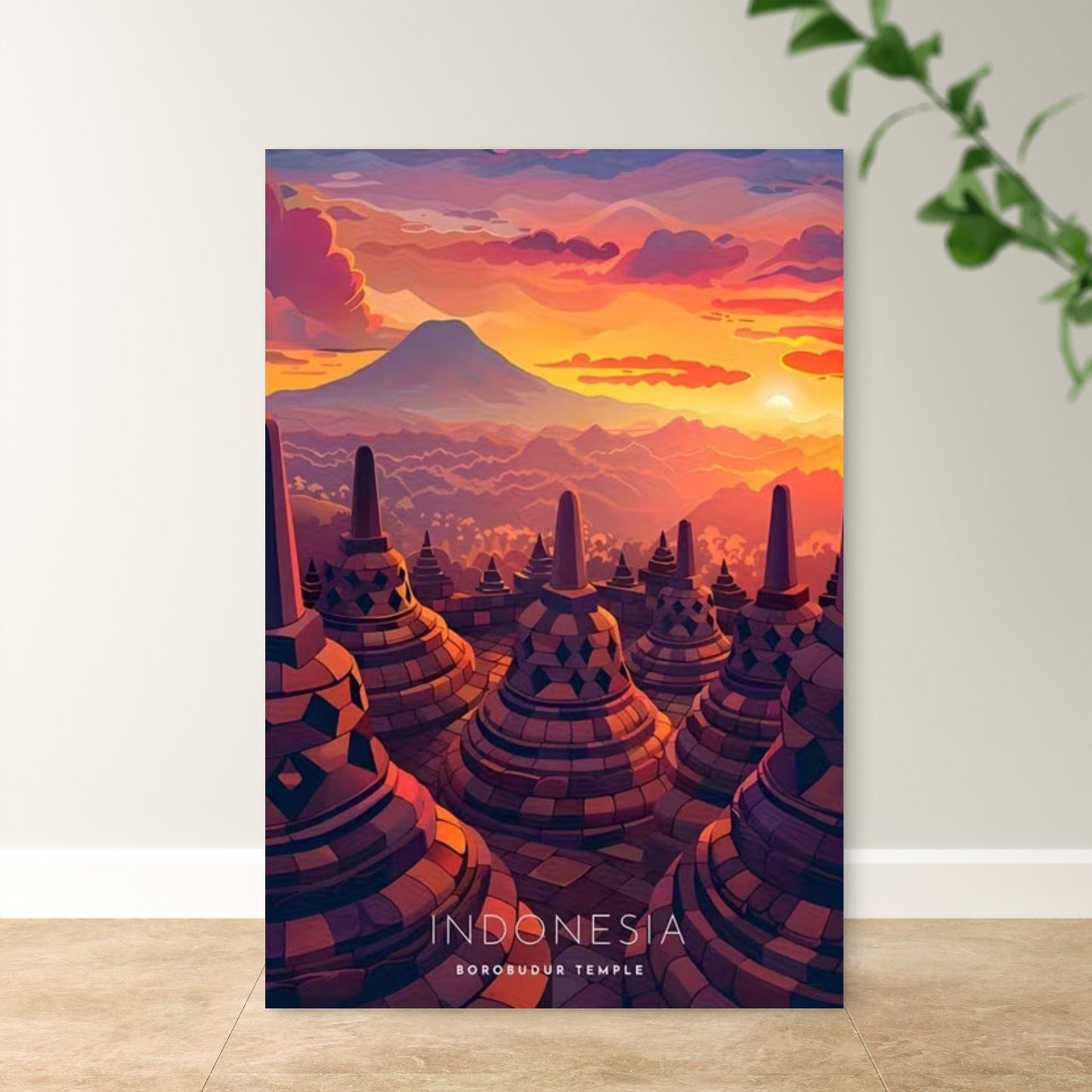 Indonesia Borobudur Temple Painting Travel Poster Print Wall Art