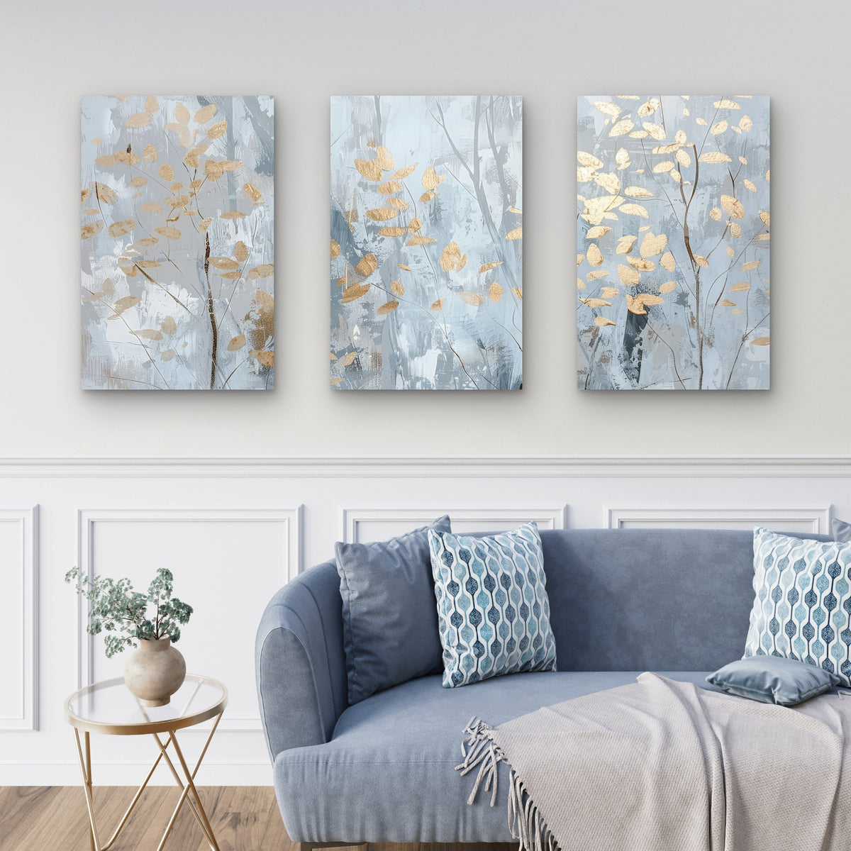 3pcs Modern Gray Abstract Gold Tree Foil Wall Art Set Canvas Framed 60x90cm - High Quality Print 100% Australian Made Wall Canvas Ready to Hang