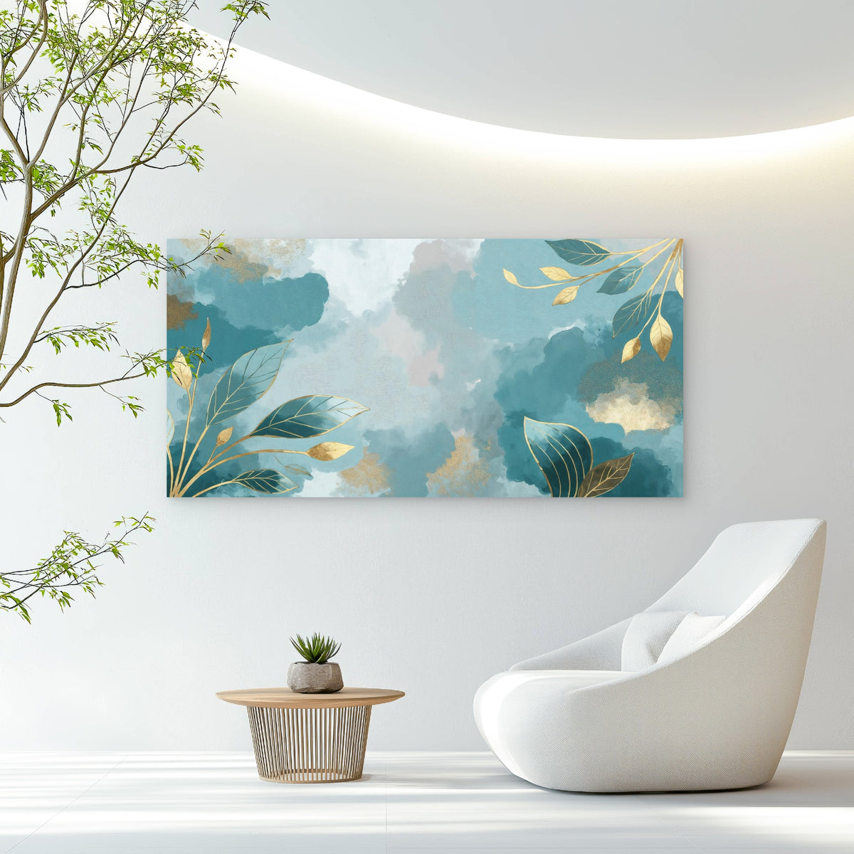 Turquoise Tides Gilded Foliage Wall Art Canvas Office Home Room Framed 120x60cm