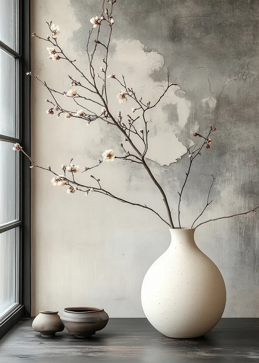 Plum Branch Round Ceramic Pot 40x60cm Metal Print Ready to Hang