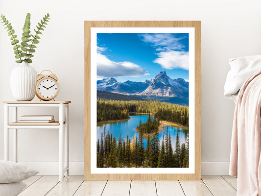 Glacier Lake & Canadian Mountains Glass Framed Wall Art, Ready to Hang Quality Print With White Border Oak