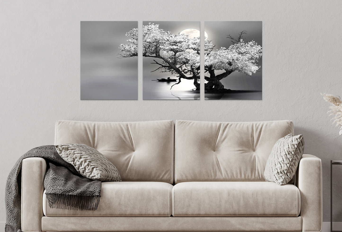 3pcs Black and White Tree Lake Moon Reflection Wall Art Set Canvas Framed 40x60cm - High Quality Print 100% Australian Made Wall Canvas Ready to Hang