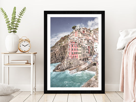Cinque Terre City & Coastal View Photograph Glass Framed Wall Art, Ready to Hang Quality Print With White Border Black