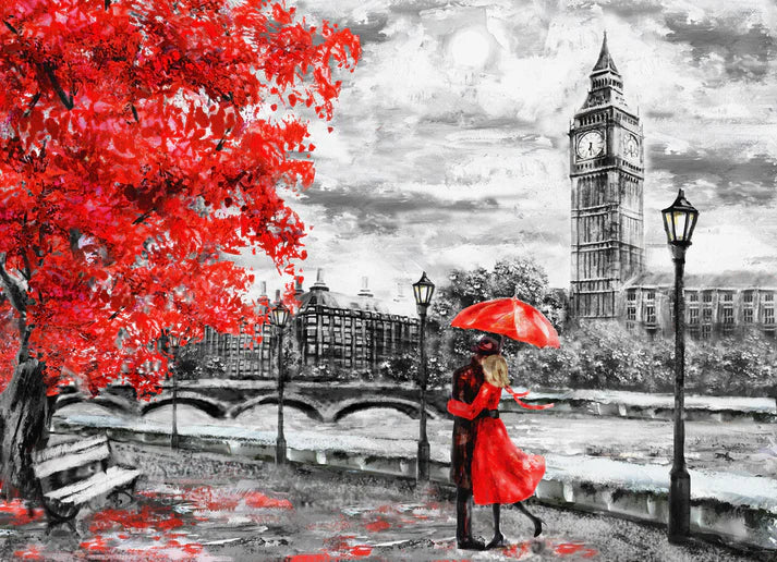 Couple Near Big Ben , Red Floral Painting 90x60cm Print 100% Australian Made - Bella Home Decor