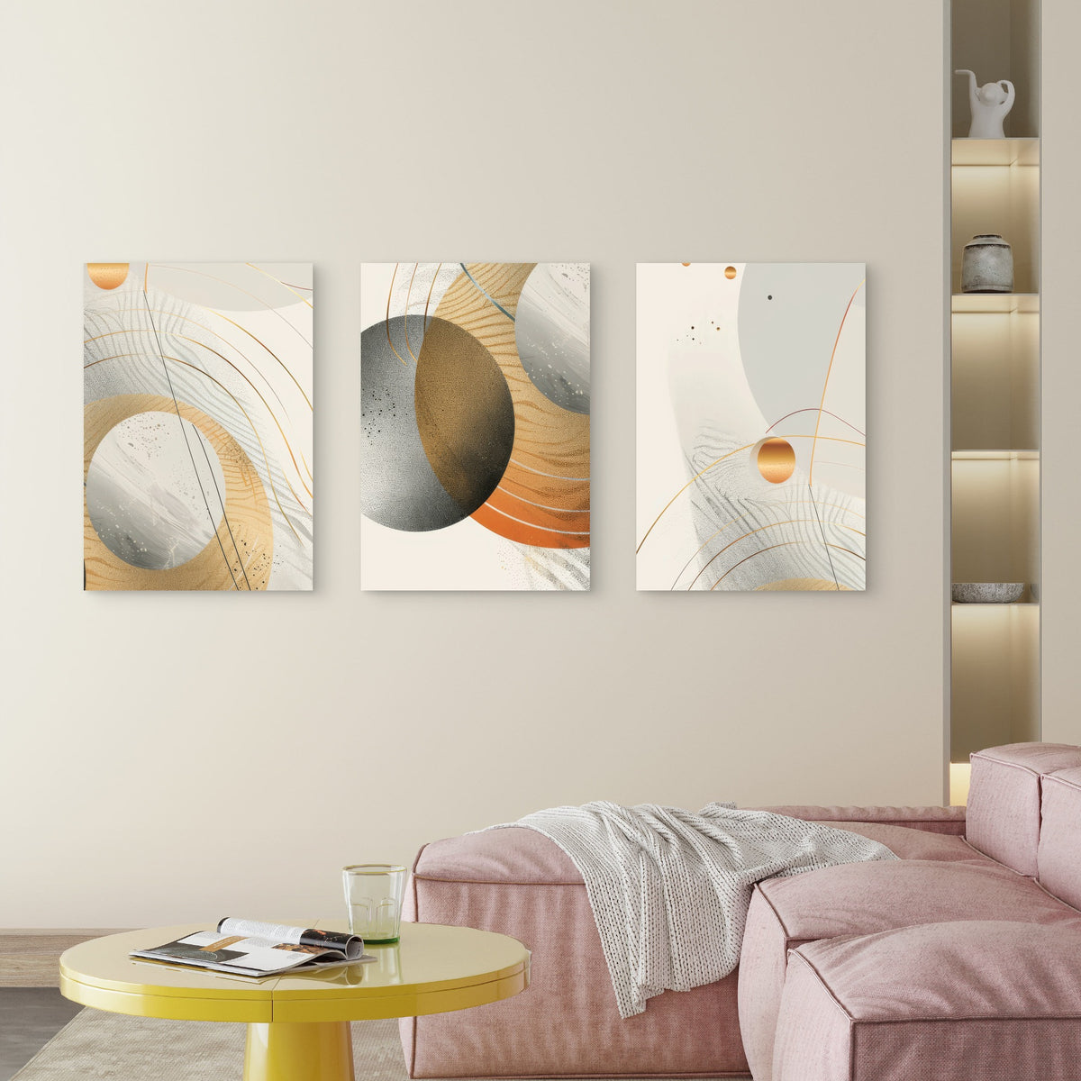 3pcs Cream Gold Gray Abstract Line Painting Wall Art Set Canvas Framed 40x60cm - High Quality Print 100% Australian Made Wall Canvas Ready to Hang