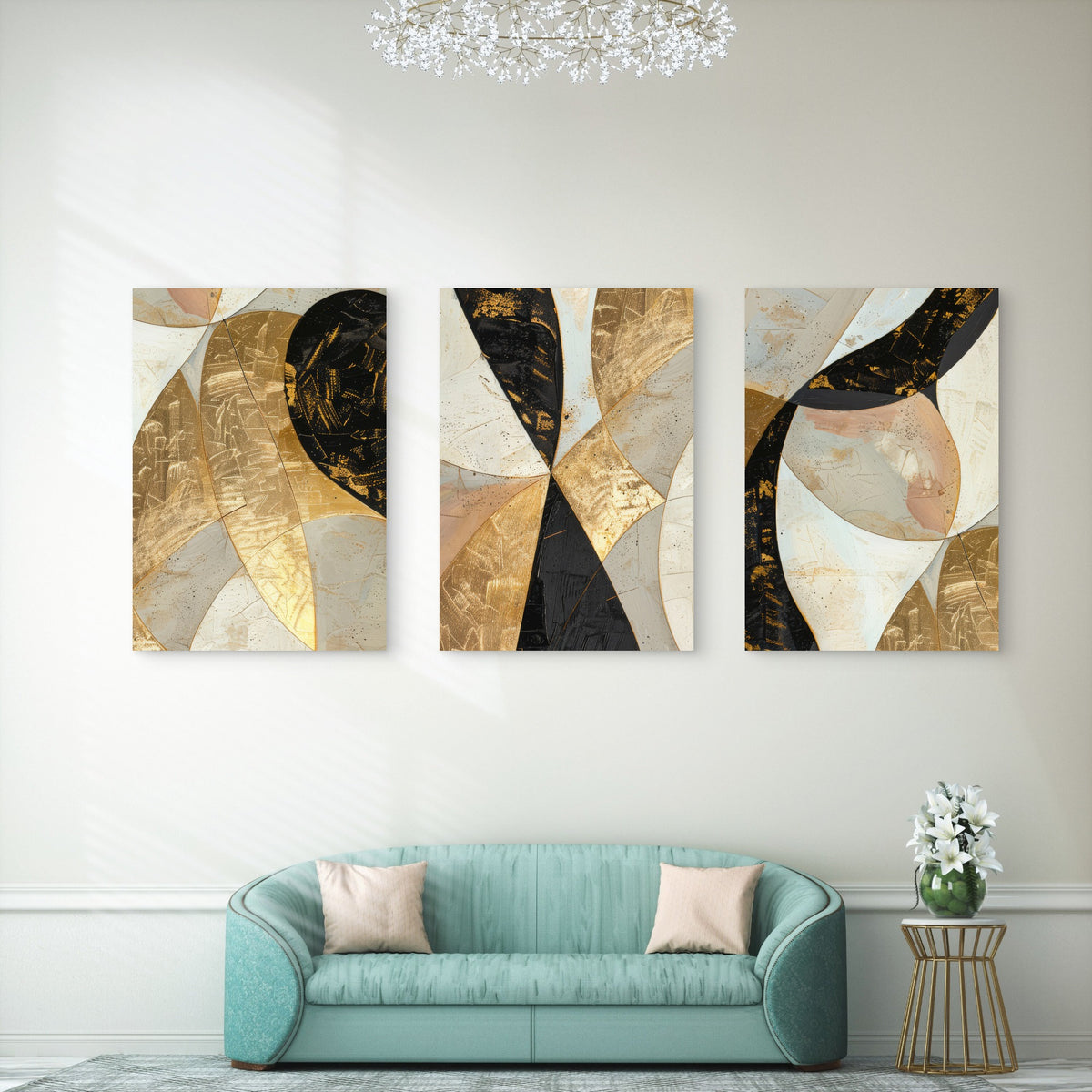 3pcs Gold Black Abstract Geometric Wall Art Set Canvas Framed 40x60cm - High Quality Print 100% Australian Made Wall Canvas Ready to Hang