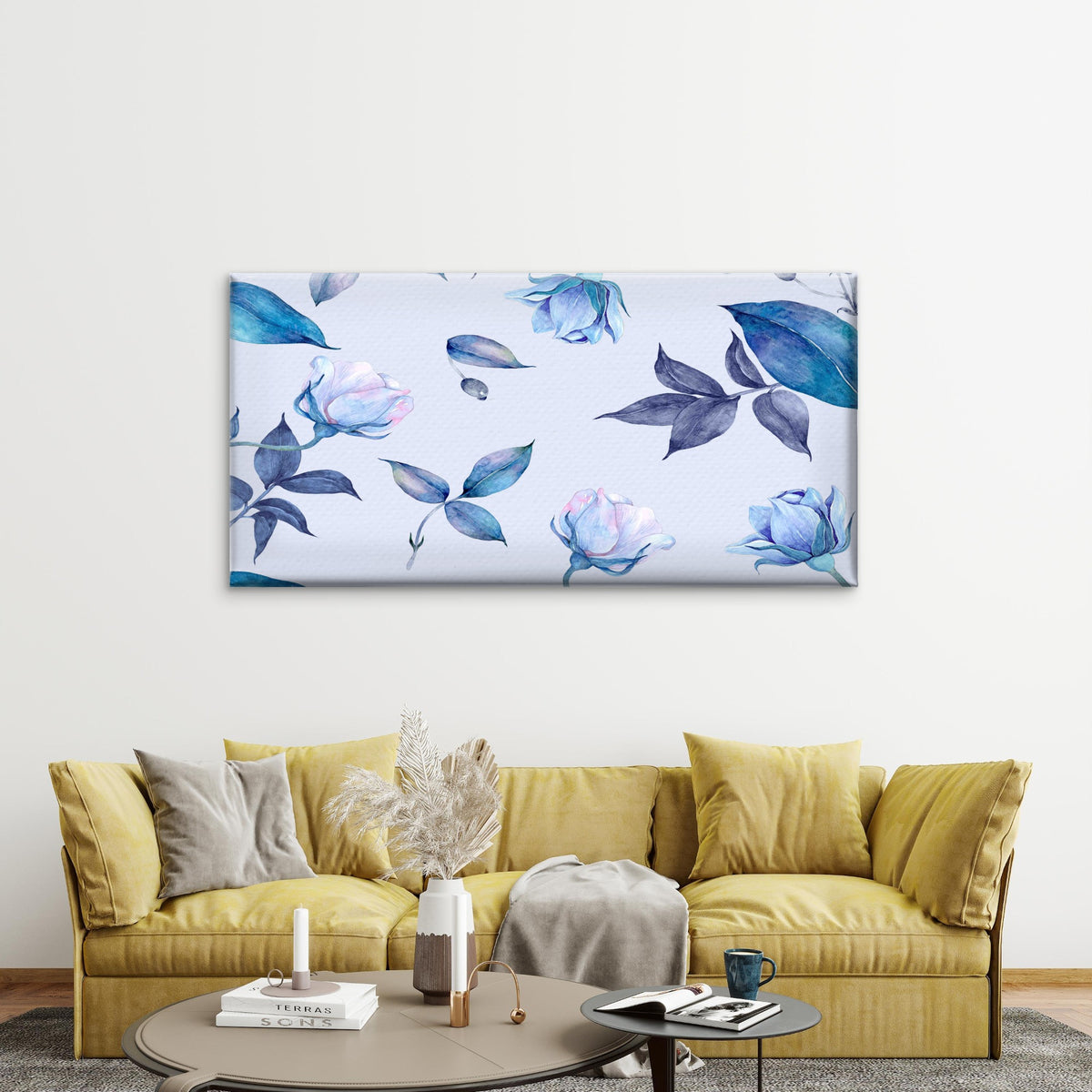 Blue Watercolor Rose Flower Wall Art Canvas Office Home Room Framed 120x60cm