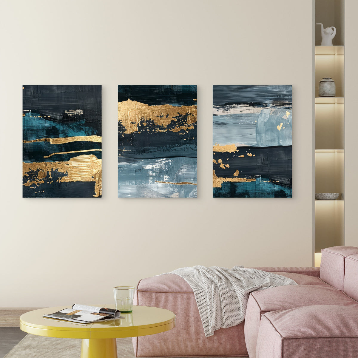 3pcs Navy Teal Gold Foil Metallic Luxe Shimmer Wall Art Set Canvas Framed 50x70cm - High Quality Print 100% Australian Made Wall Canvas Ready to Hang