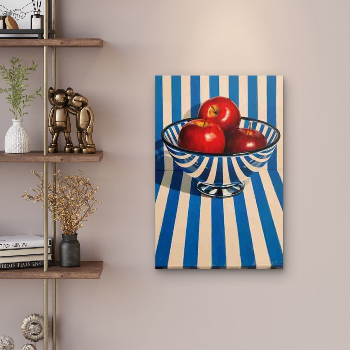 Blue Striped Bowl with Red Fruit Metal Print Ready to Hang