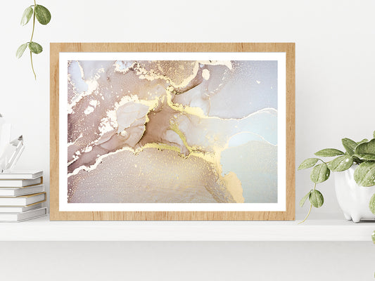 Gray Pink Gold Abstract Fluid Art Glass Framed Wall Art, Ready to Hang Quality Print With White Border Oak