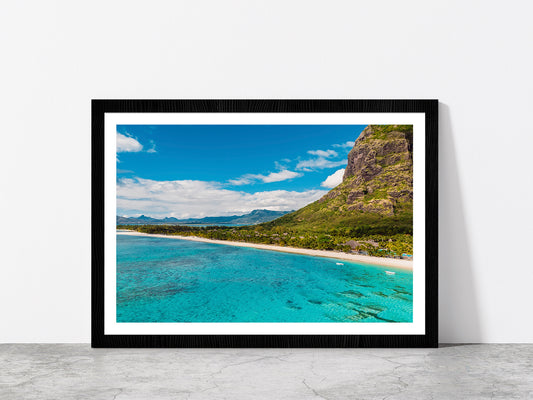Le Morne Mountain In Island Beach Glass Framed Wall Art, Ready to Hang Quality Print With White Border Black