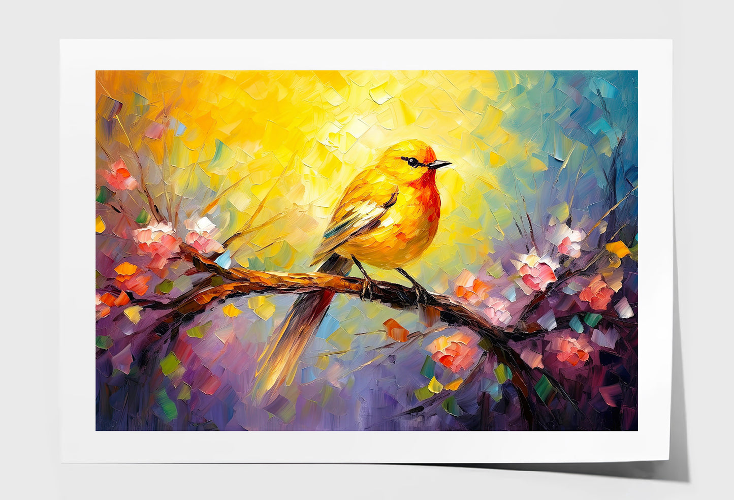 Yellow Bird on Spring Tree Branch Oil Painting Wall Art Limited Edition High Quality Print Unframed Roll Canvas None