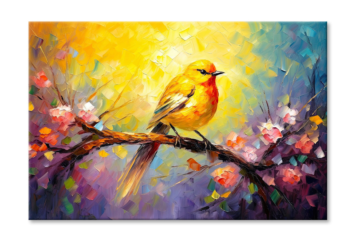 Yellow Bird on Spring Tree Branch Oil Painting Wall Art Limited Edition High Quality Print Stretched Canvas None