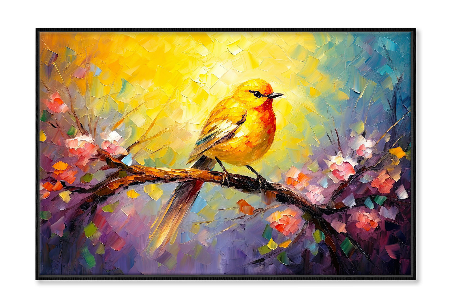 Yellow Bird on Spring Tree Branch Oil Painting Wall Art Limited Edition High Quality Print Canvas Box Framed Black