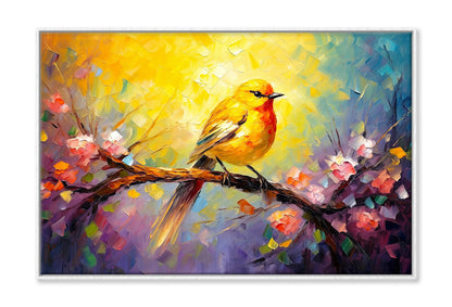 Yellow Bird on Spring Tree Branch Oil Painting Wall Art Limited Edition High Quality Print Canvas Box Framed White