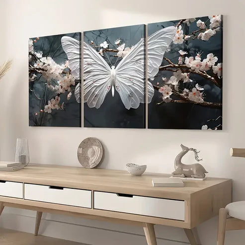 3pcs Modern Wind White Butterfly Flower Animal Wall Art Set Canvas Unframed - High Quality Print 100% Australian Made Wall Canvas