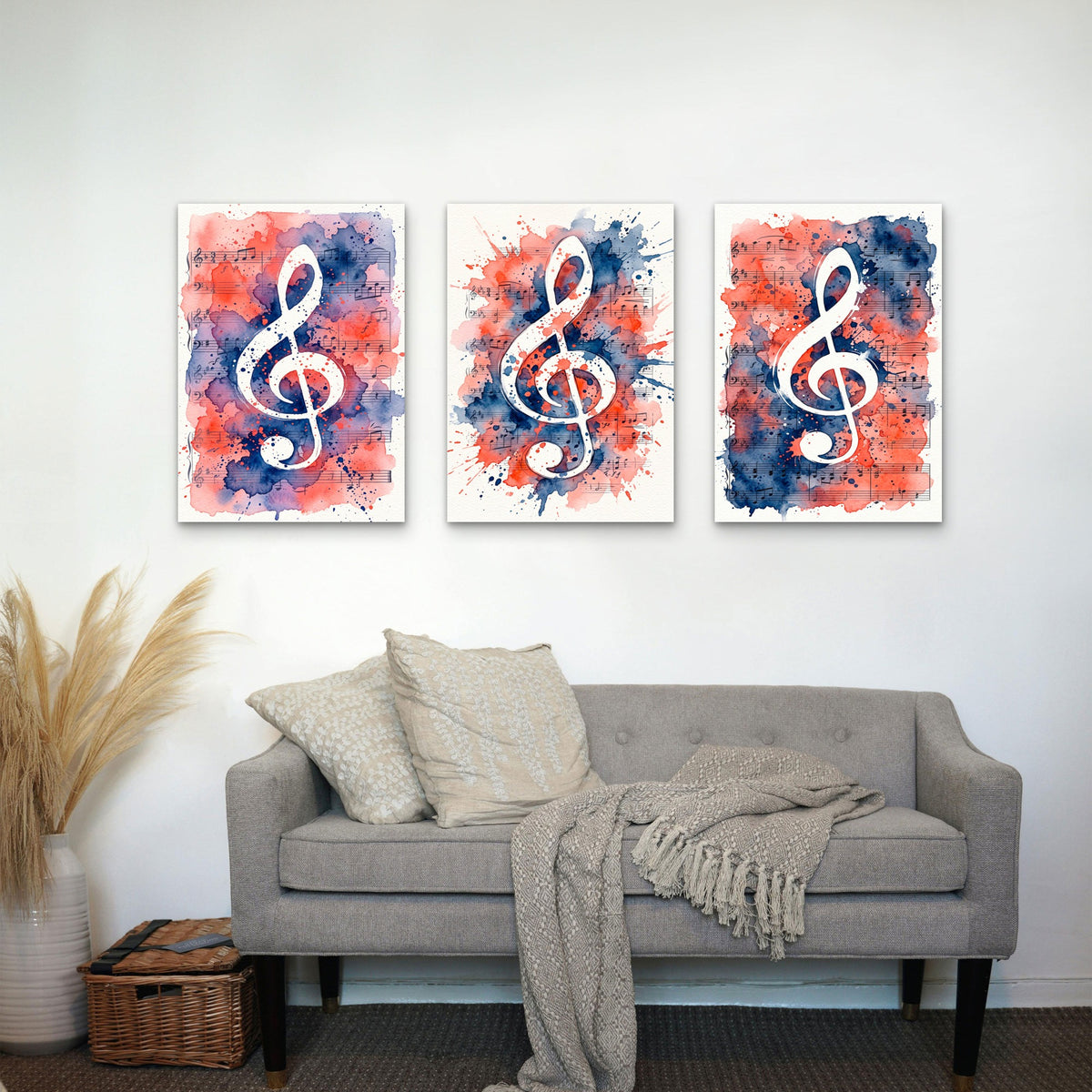 3pcs Watercolor Music Notes Treble Clef Sheet Music Splatter Red Blue Wall Art Set Canvas Framed 60x90cm- High Quality Print 100% Australian Made Wall Canvas Ready to Hang