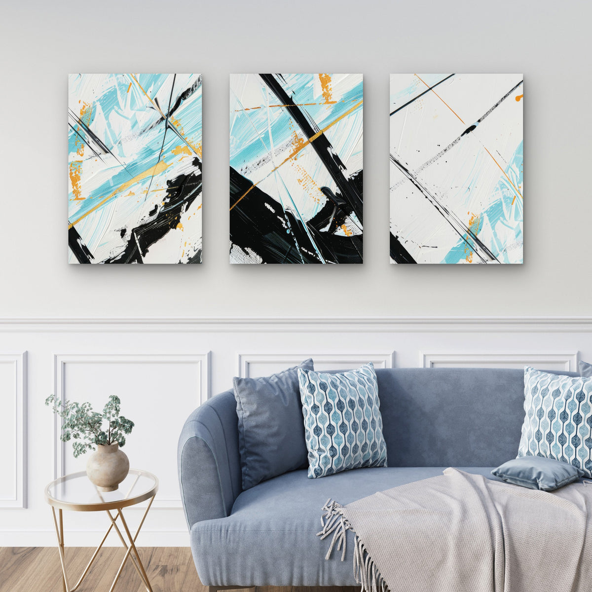 3pcs Modern Abstract Teal Black Gold Brush Wall Art Set Canvas Framed 40x60cm - High Quality Print 100% Australian Made Wall Canvas Ready to Hang