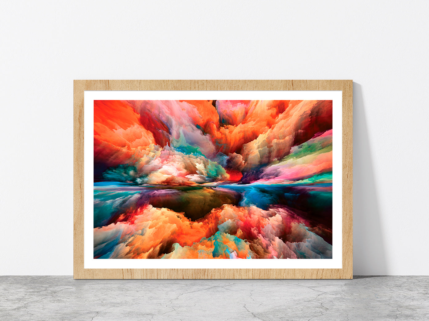 Colorful Abstract Cloud Paint Glass Framed Wall Art, Ready to Hang Quality Print With White Border Oak